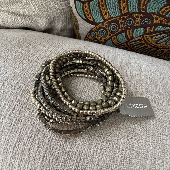 Chico's NWT Metallic Chunky Beaded Stretch 11 Bracelet Collection Bronze Gold - Picture 9 of 12